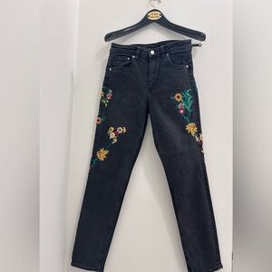 Zara Black Straight Leg Jeans with Vibrant Floral Patterns